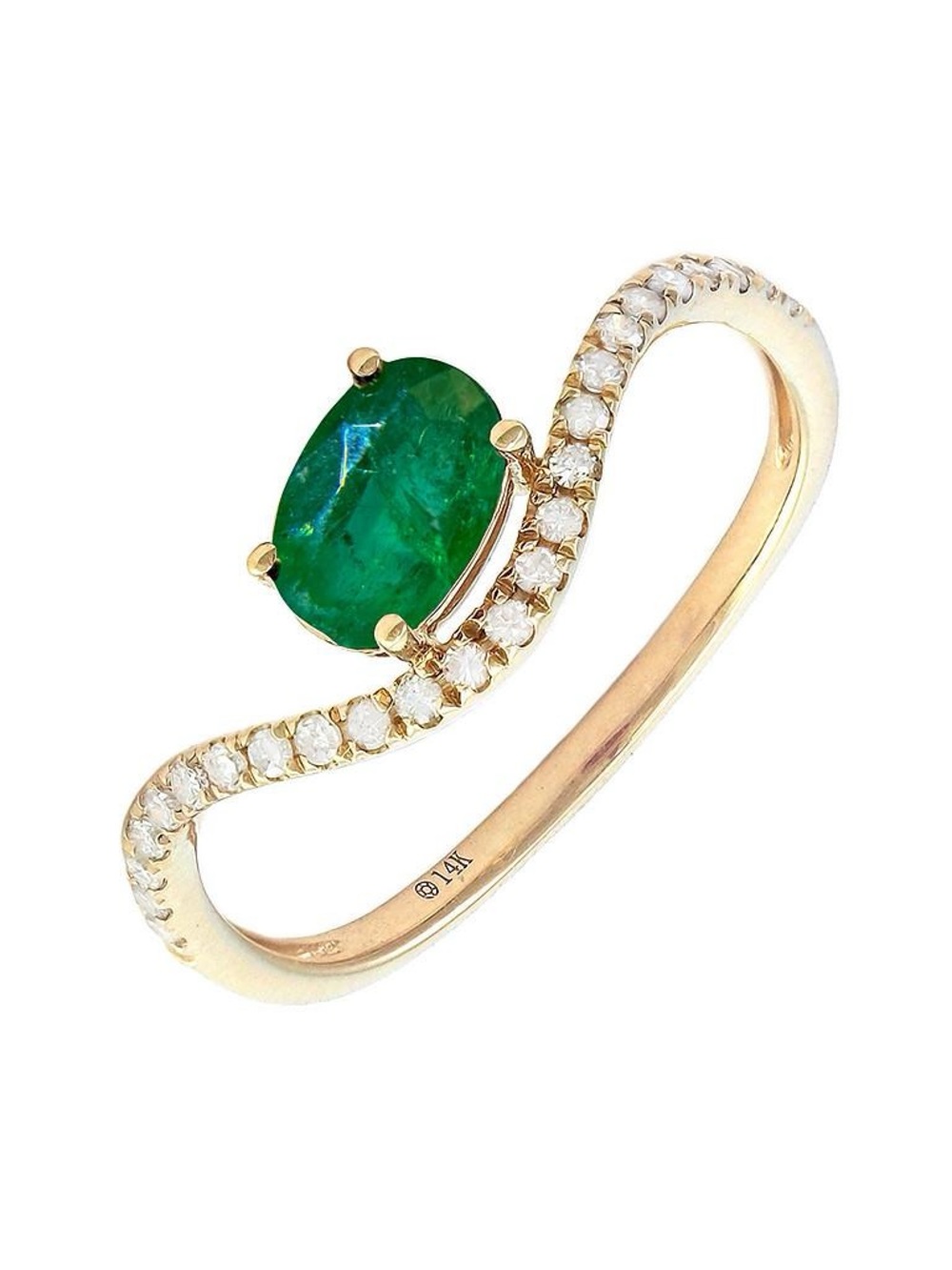 14K Real Yellow Gold Oval Prong Emerald & Diamond Ring 6.5"
